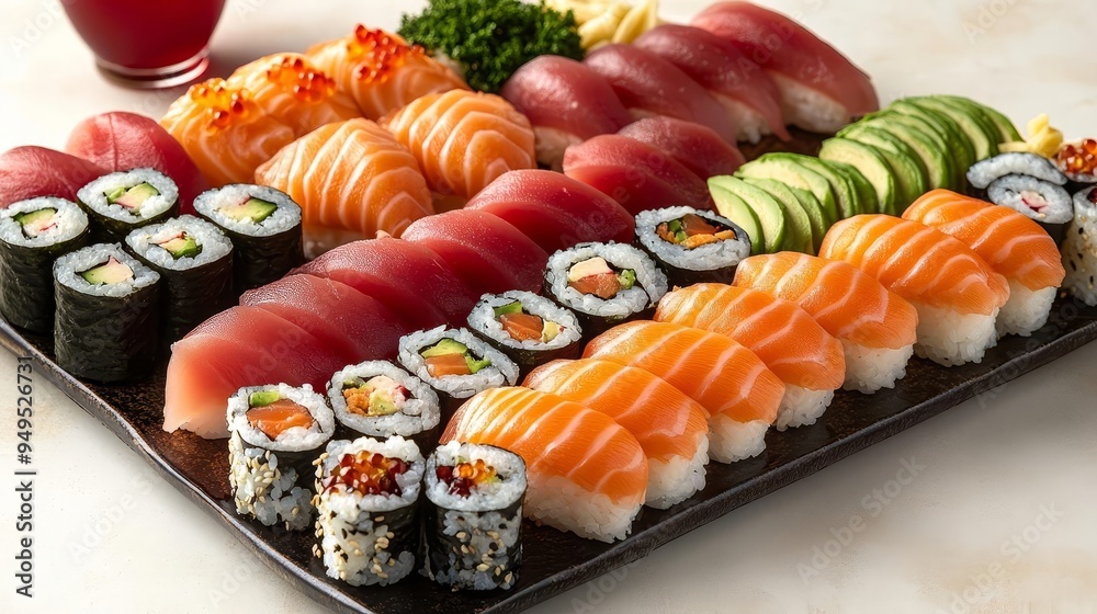 Close-up of sushi platter with salmon Close-up of sushi platter with salmon