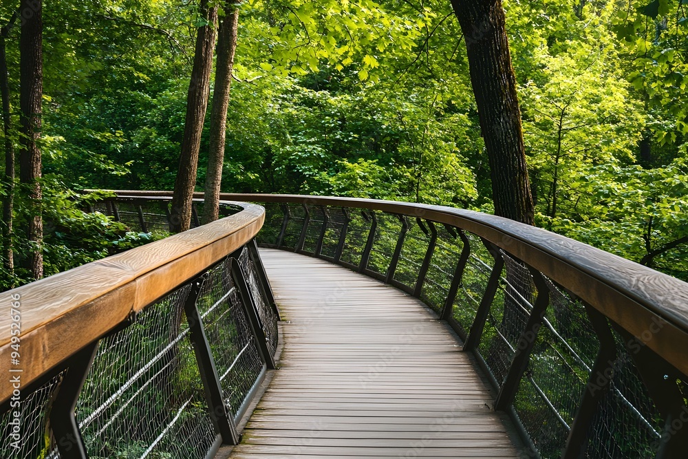 A pedestrian bridge with wooden railings extending through a green forest, surrounded by trees and bushes A pedestrian bridge with wooden railings extending through a green forest, surrounded by trees and bushes