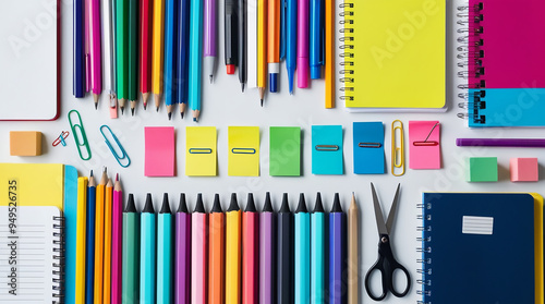 Colorful and Organized Still Life of School Supplies stationery items pencils colors notebooks calender display