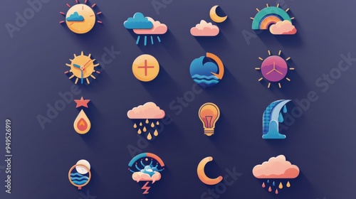 Colorful flat design icons depicting weather conditions, time, and abstract ideas. photo