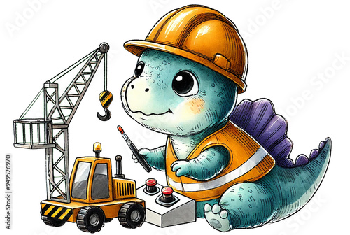 baby Spinosaurus in a hard hat and safety vest, using controls to operate a small toy crane.