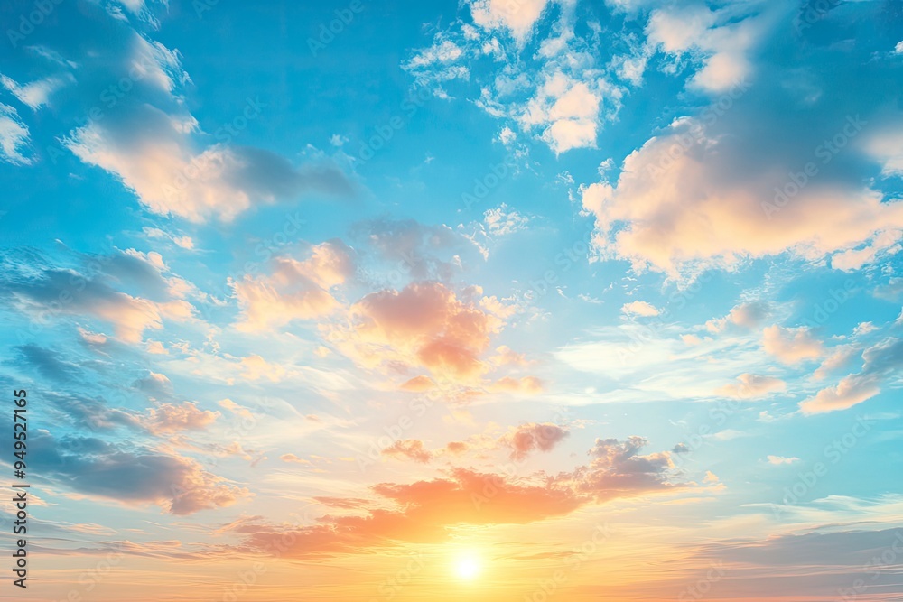 Obraz premium Beautiful sky background - Sunset Sunrise sky with light clouds and real sun , ai