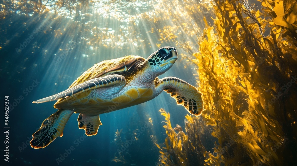 Fototapeta premium Sea Turtle Swimming Through Sunbeams