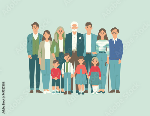 vector illustration featuring a full-length portrait of a multi-generational family 