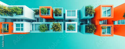 Modern architecture featuring colorful buildings and greenery, showcasing contemporary design and urban living.