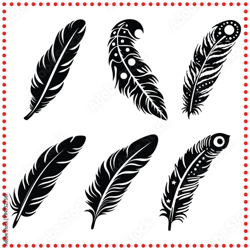 Feathered Elegance in Black and White  Delicate Silhouette Set for Stylish Designers and Artistic Craft Enthusiasts