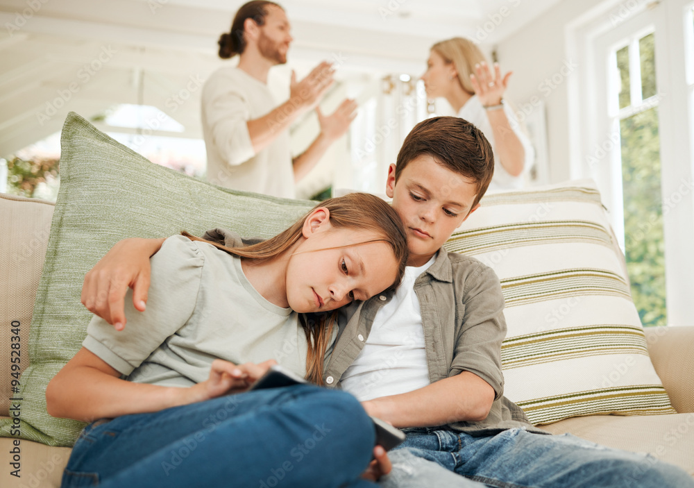 Hug, parents fighting and sibling support on sofa in living room for argument, comfort or conflict. Love, noise and tablet with children embracing for security from toxic relationship in apartment Hug, parents fighting and sibling support on sofa in living room for argument, comfort or conflict. Love, noise and tablet with children embracing for security from toxic relationship in apartment