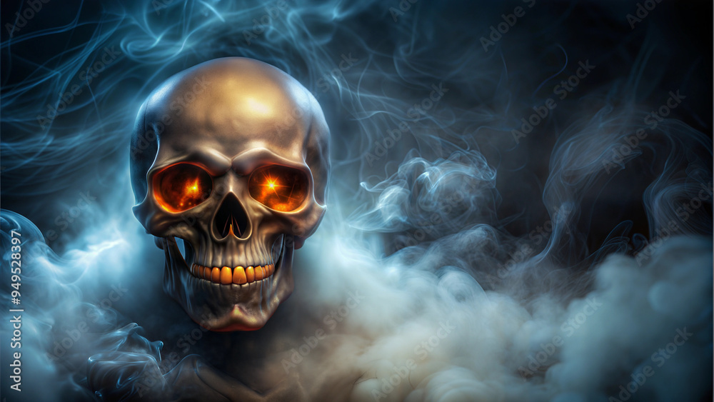 Halloween Skull Background with Glowing Eyes and Billowing Smoke, Dark and Scary, with Copy Space Halloween Skull Background with Glowing Eyes and Billowing Smoke, Dark and Scary, with Copy Space
