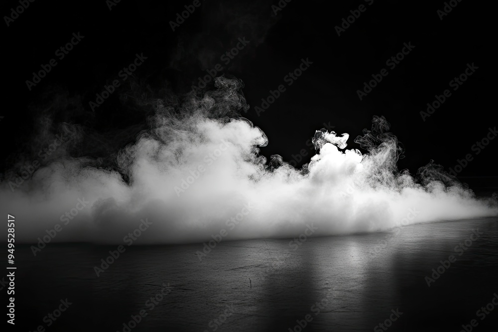 Fototapeta premium White smoke or fog flow on floor. Large mist in dark room on black background. Smoke on stage studio, ai