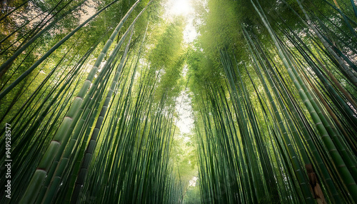 Image material of a bamboo forest. A wide-angle view of the bamboo forest from below.