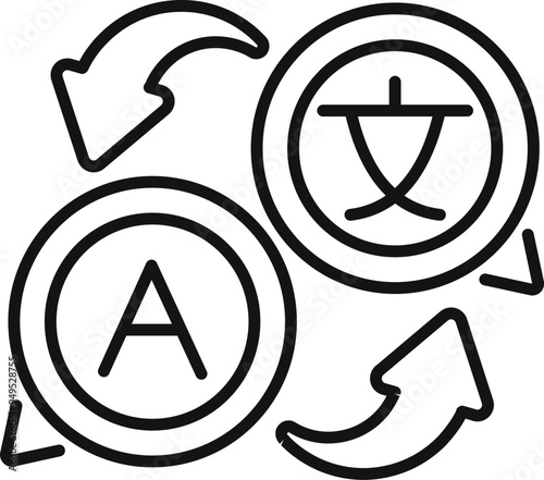 Language exchange concept with arrows translating from one language to another, simple black and white vector icon