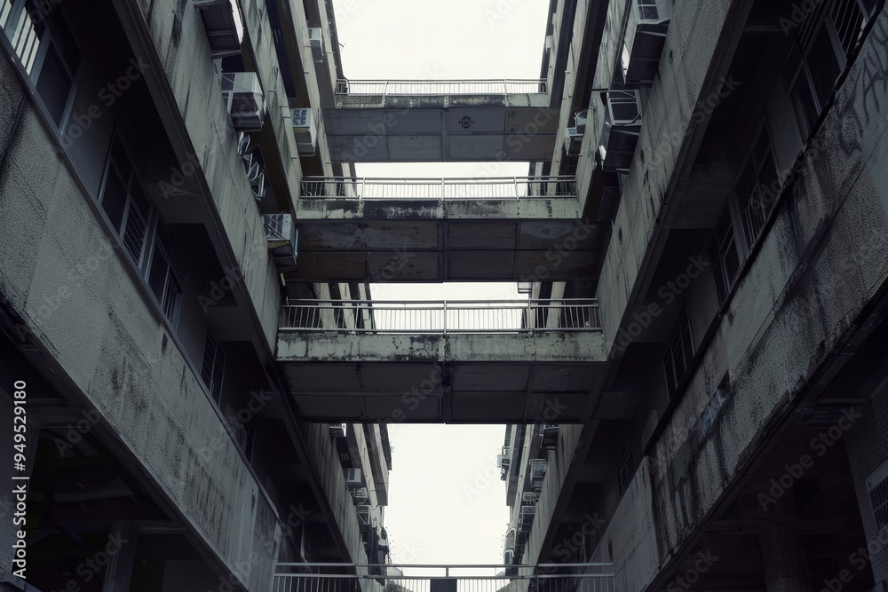 Fototapeta premium A very tall building featuring multiple balconies and sky bridges connecting different sections, Sky bridges connecting different sections of the building