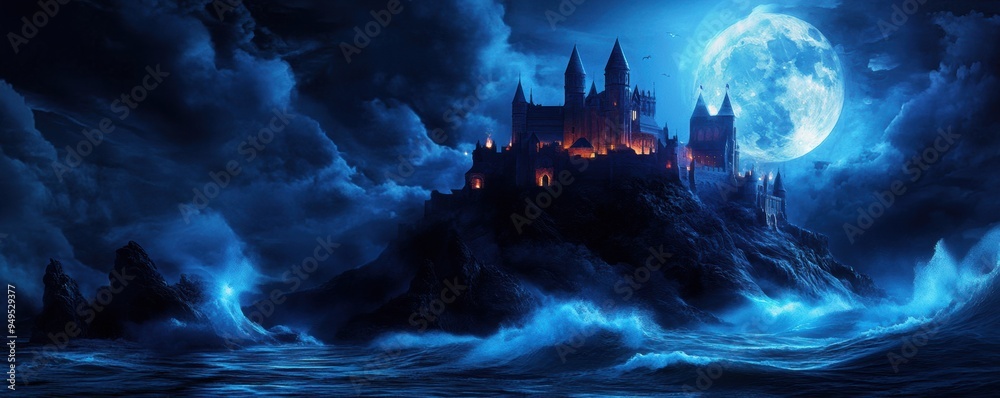 a moonlit castle perched on a cliff with waves crashing below, evoking a dark fantasy atmosphere.