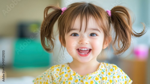 A joyful oneyearold child with brown hair in cute pigtails, bright smile, and sparkling eyes radiating happiness. photo