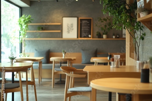 A cozy  modern caf  interior with wooden tables  greenery  and a welcoming atmosphere.