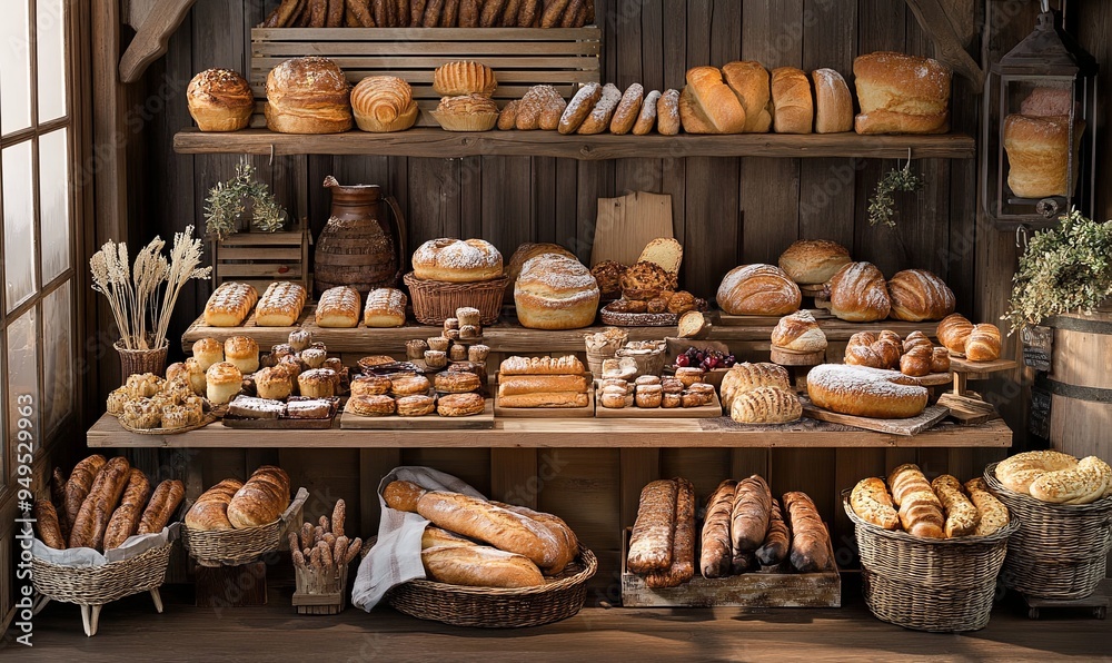 A bakery with a variety of breads and pastries on display