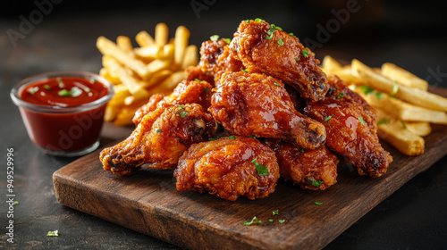 A pile of fried chicken wings on a wooden board, accompanied by side dishes such as fries and ketchup
