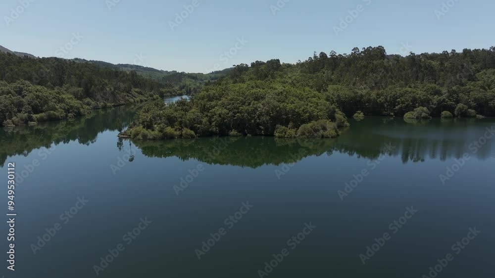 Bushy Forest Reflected Over Tranquil Waters Of Río Oitavén In Pontevedra, Galicia, Spain. Aerial Shot Bushy Forest Reflected Over Tranquil Waters Of Río Oitavén In Pontevedra, Galicia, Spain. Aerial Shot