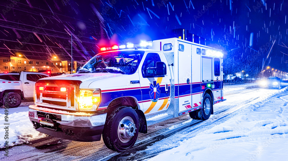 Ambulance in Snowstorm: A stark image of an ambulance driving through a snowstorm, its flashing lights cutting through the darkness, symbolizing a sense of urgency and hope in the face of adversity. Ambulance in Snowstorm: A stark image of an ambulance driving through a snowstorm, its flashing lights cutting through the darkness, symbolizing a sense of urgency and hope in the face of adversity.