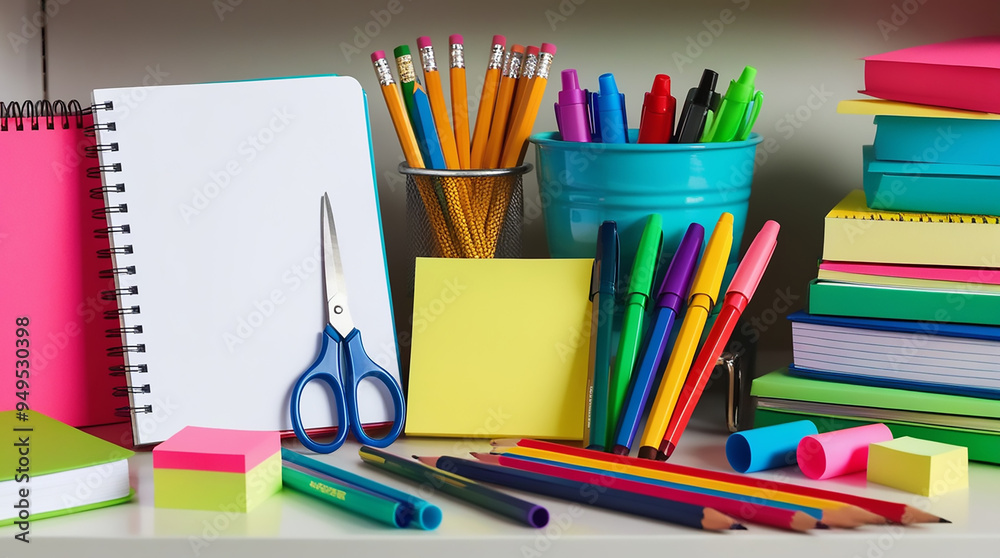 Fototapeta premium Colorful and Organized Still Life of School Supplies stationery items pencils colors notebooks calender display