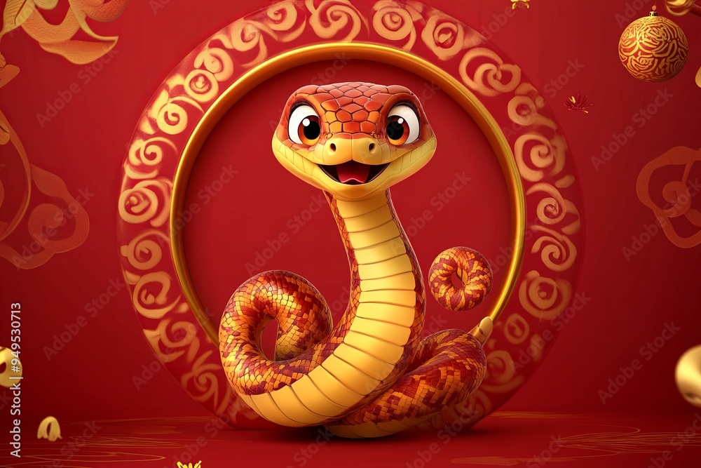 A cartoon snake with a smile on its face is sitting in a red circle A cartoon snake with a smile on its face is sitting in a red circle