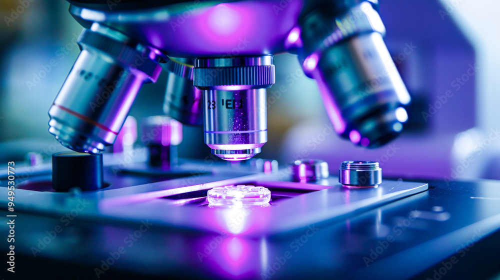 Microscopic Discovery Under Violet Hue: A close-up of a microscope's objective lens illuminating a specimen with a vibrant violet light, highlighting the intricate details of scientific exploration. Microscopic Discovery Under Violet Hue: A close-up of a microscope's objective lens illuminating a specimen with a vibrant violet light, highlighting the intricate details of scientific exploration.