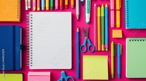 Colorful and Organized Still Life of School Supplies stationery items pencils colors notebooks calender display