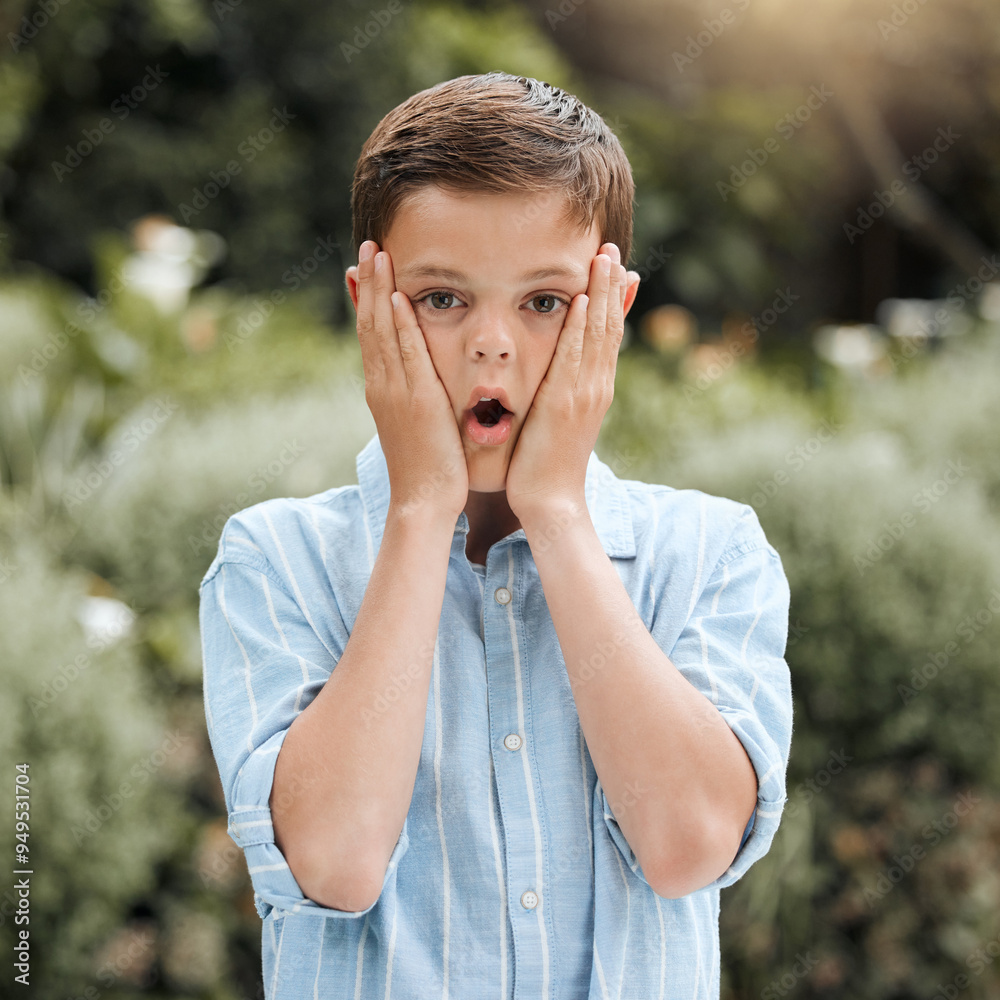Child, boy and shocked and playful with portrait, excited and outdoor for surprise, fun and joy in garden or backyard. Male person, kid and expression for freedom, creative and positive in Australia Child, boy and shocked and playful with portrait, excited and outdoor for surprise, fun and joy in garden or backyard. Male person, kid and expression for freedom, creative and positive in Australia