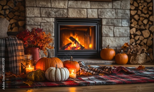 A cozy living room with a fireplace and a basket of pumpkins photo