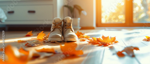 a pair of UGG boots placed on a floor with orange maple leaves scattered on and around them.  photo