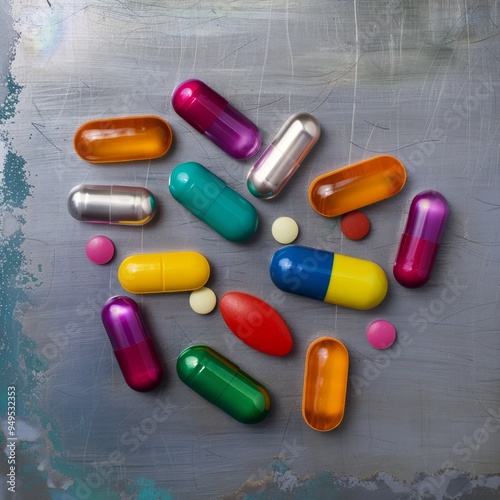 Colorful pills and capsules scattered on a metallic background.