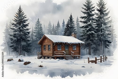 A cozy cabin surrounded by snow during a blizzard in watercolor style