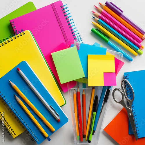 Colorful and Organized Still Life of School Supplies stationery items pencils colors notebooks calender display
