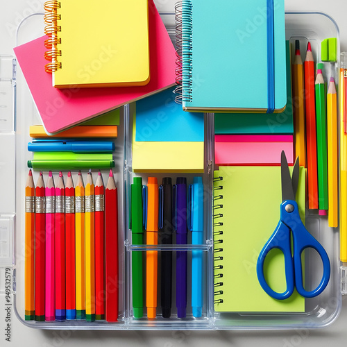 Colorful and Organized Still Life of School Supplies stationery items pencils colors notebooks calender display
