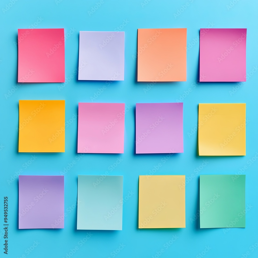 A colorful array of sticky notes are arranged in a grid on a blue background A colorful array of sticky notes are arranged in a grid on a blue background