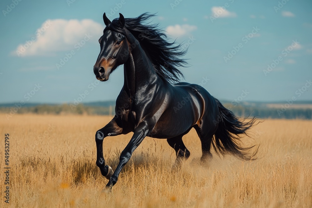 Beautiful black stallion running through a field in autumn Beautiful black stallion running through a field in autumn