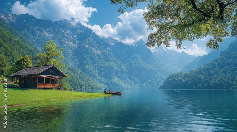 Fototapeta premium Couple fishing on a mountain lake with a stone cottage