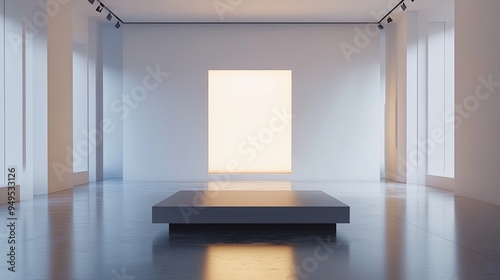 A white room with a large white wall and a white table photo