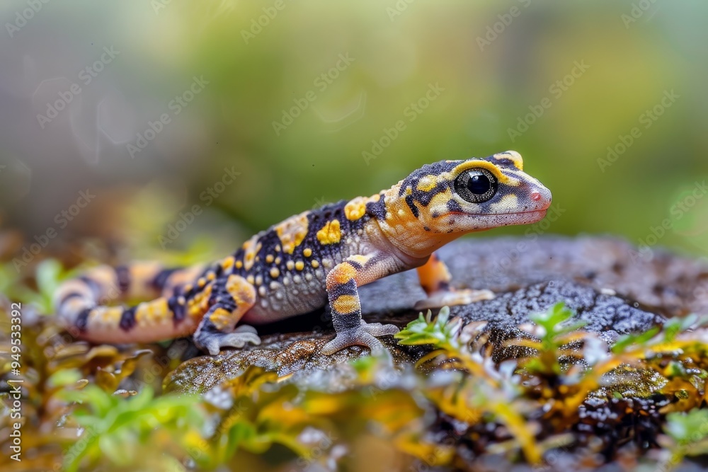 A distinctive yellow and black gecko rests atop a rock in its natural habitat, Small, yet striking in its unique markings A distinctive yellow and black gecko rests atop a rock in its natural habitat, Small, yet striking in its unique markings