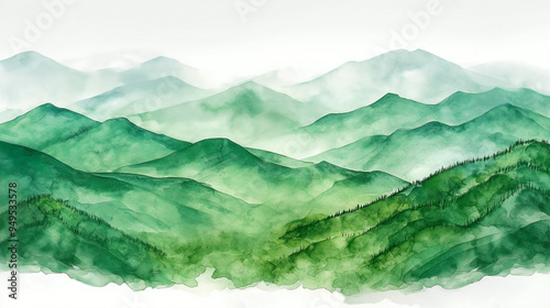 A watercolor and ink sketch of a fresh green mountain landscape