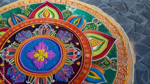 Colorful sand mandala with intricate patterns.