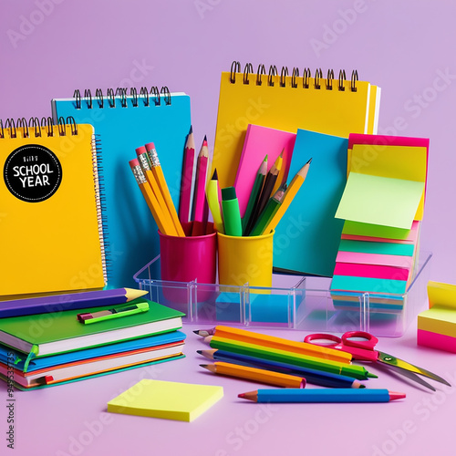 Colorful and Organized Still Life of School Supplies stationery items pencils colors notebooks calender display
