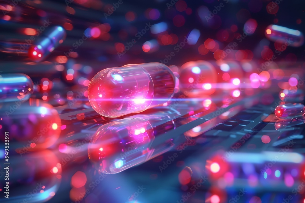Close-up of pills scattered on a computer keyboard, Smart pill technologies for targeted drug delivery Close-up of pills scattered on a computer keyboard, Smart pill technologies for targeted drug delivery