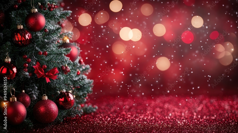 Festive Red Christmas Tree with Ornaments on Left Against Blurred Lights Background for Copy Space Festive Red Christmas Tree with Ornaments on Left Against Blurred Lights Background for Copy Space