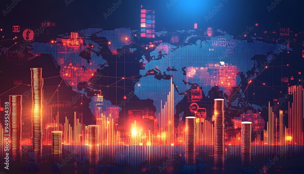Obraz premium Global Currency Stacks and Digital World Map with Data