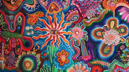 Colorful textile with intricate floral patterns.