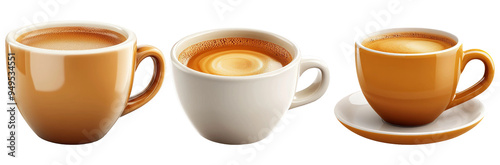 Three different coffee cups filled with hot coffee isolated on transparent background photo