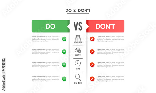 Comparative infographics design template. Do or Do not for Business. Business presentation, Strategy and Planning. Vector illustration.