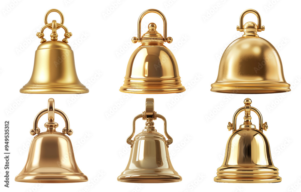 Golden jingle bells with different designs isolated on transparent background Golden jingle bells with different designs isolated on transparent background