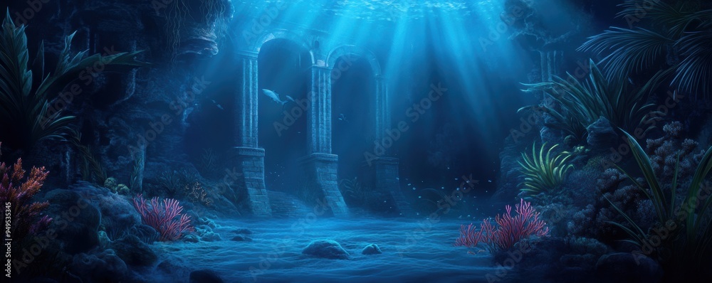 a lost city beneath the sea, with ancient ruins covered in vibrant coral.